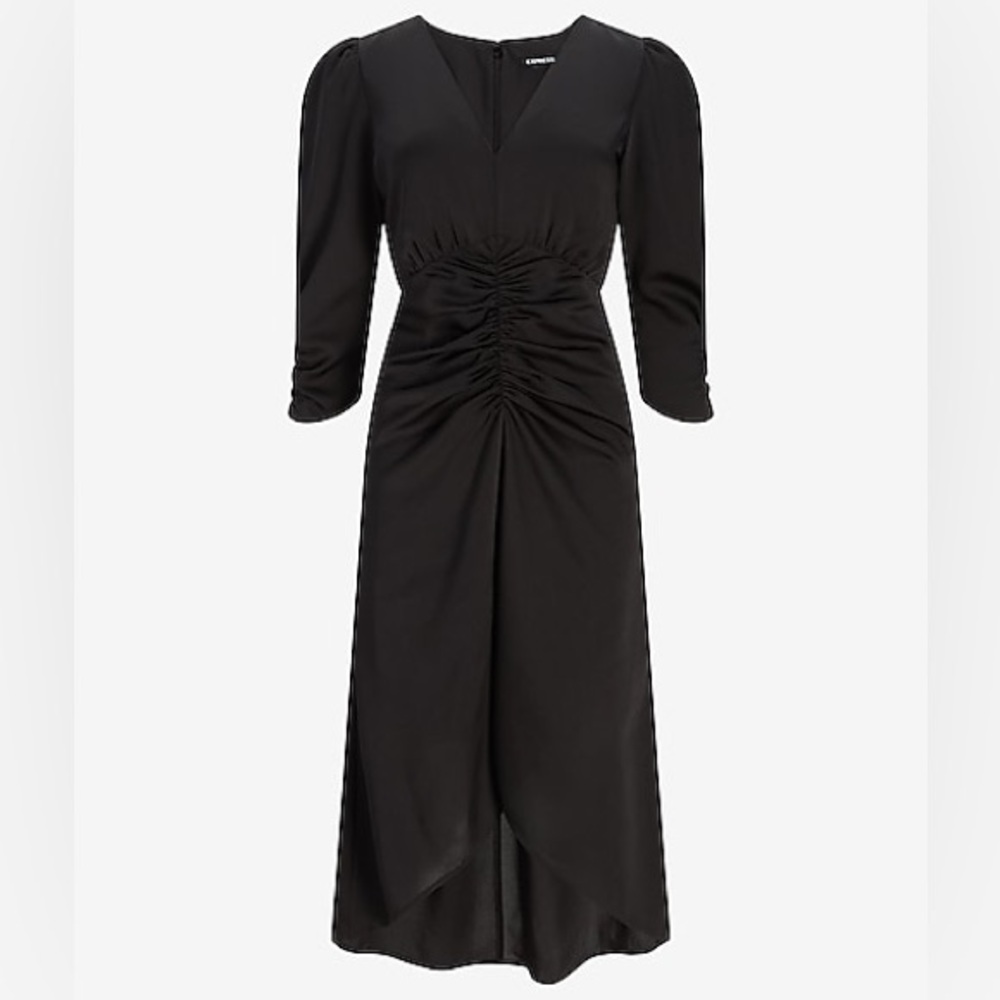 Express Satin Puff Shoulder Ruched Midi Dress